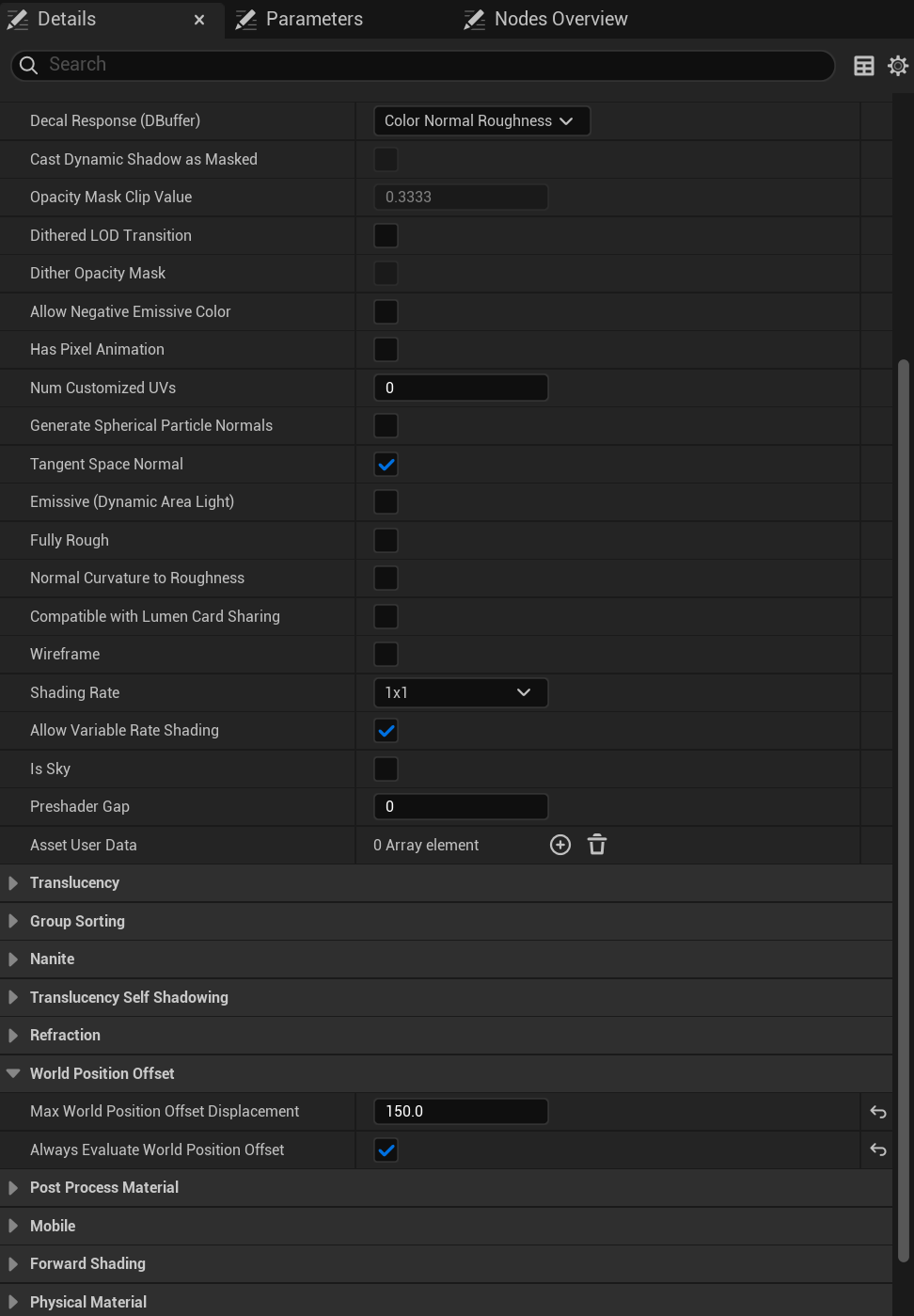 Material settings